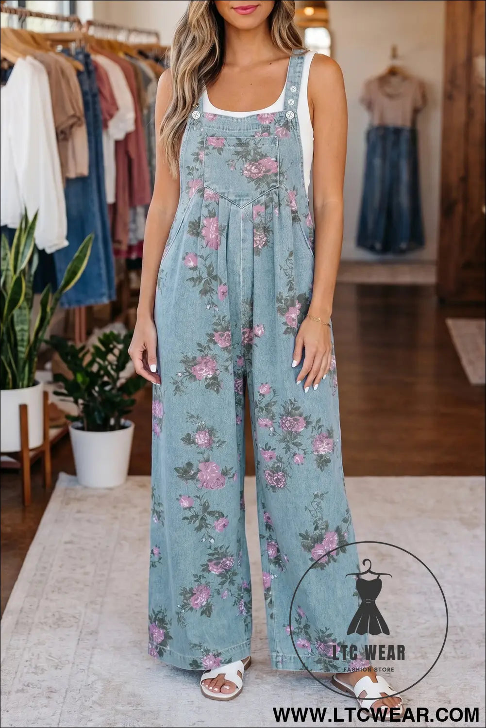 Beau blue floral print pleated high waist wide leg denim jumpsuit - jumpsuits & rompers