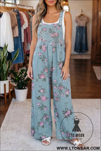 Beau blue floral print pleated high waist wide leg denim jumpsuit - jumpsuits & rompers
