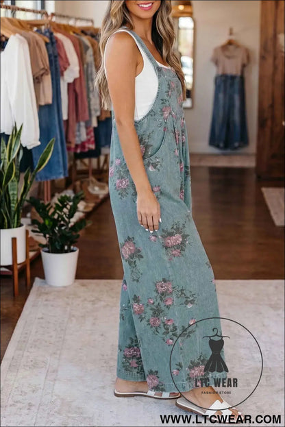 Beau Blue Floral Print Pleated High Waist Wide Leg Denim Jumpsuit