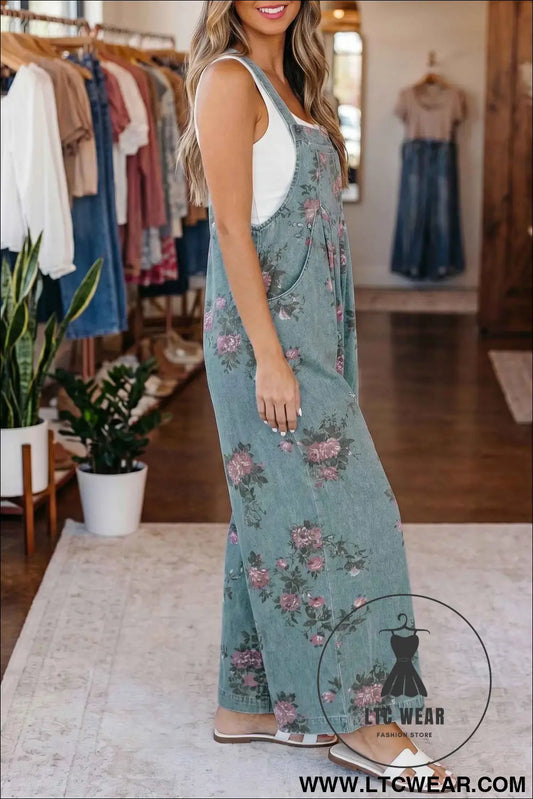Beau Blue Floral Print Pleated High Waist Wide Leg Denim Jumpsuit