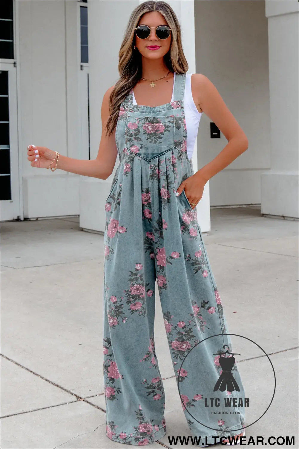 Beau Blue Floral Print Pleated High Waist Wide Leg Denim Jumpsuit