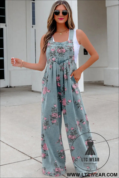 Beau Blue Floral Print Pleated High Waist Wide Leg Denim Jumpsuit