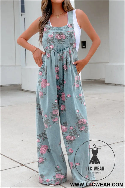 Beau Blue Floral Print Pleated High Waist Wide Leg Denim Jumpsuit