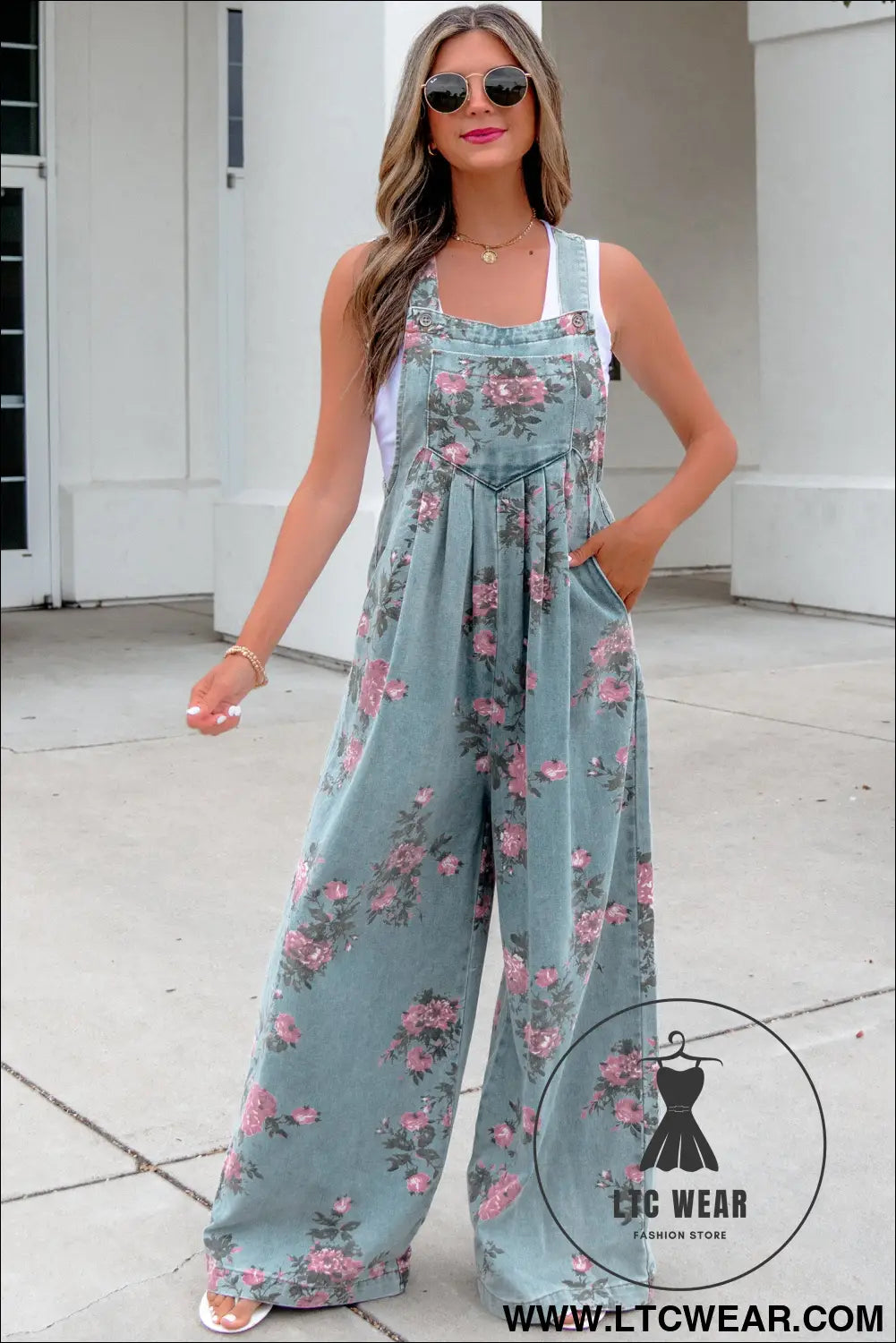 Beau Blue Floral Print Pleated High Waist Wide Leg Denim Jumpsuit