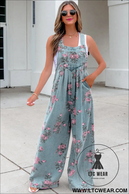 Beau Blue Floral Print Pleated High Waist Wide Leg Denim Jumpsuit