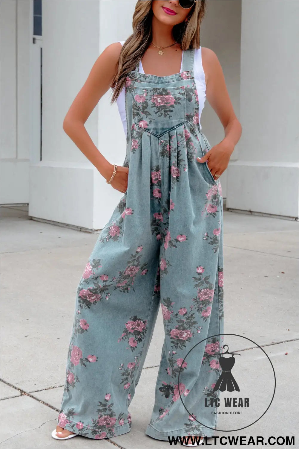 Beau Blue Floral Print Pleated High Waist Wide Leg Denim Jumpsuit
