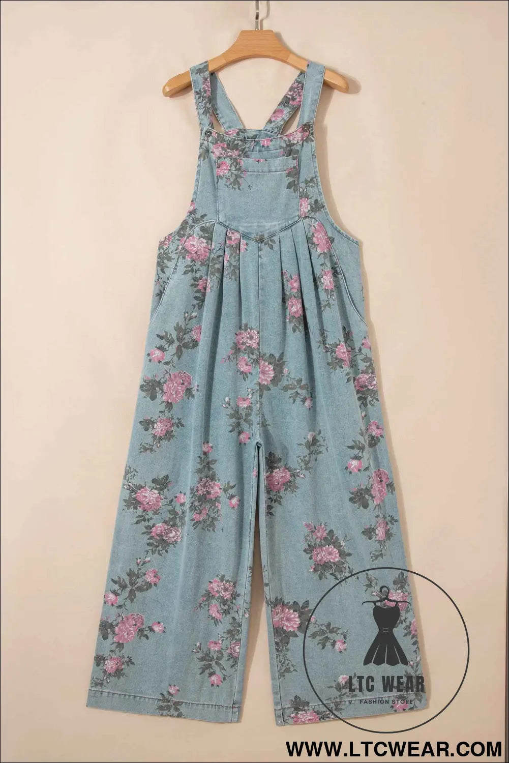 Beau Blue Floral Print Pleated High Waist Wide Leg Denim Jumpsuit