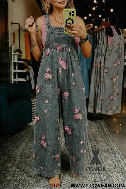 Beau Blue Floral Print Pleated High Waist Wide Leg Denim Jumpsuit
