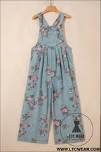 Beau blue floral print pleated high waist wide leg denim jumpsuit - jumpsuits & rompers