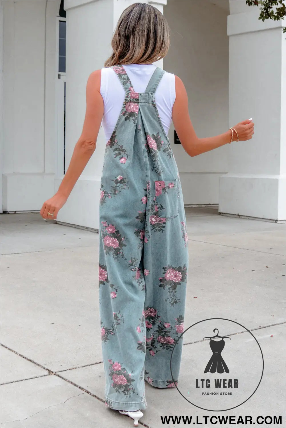 Beau Blue Floral Print Pleated High Waist Wide Leg Denim Jumpsuit