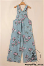 Beau blue floral print pleated high waist wide leg denim jumpsuit - jumpsuits & rompers