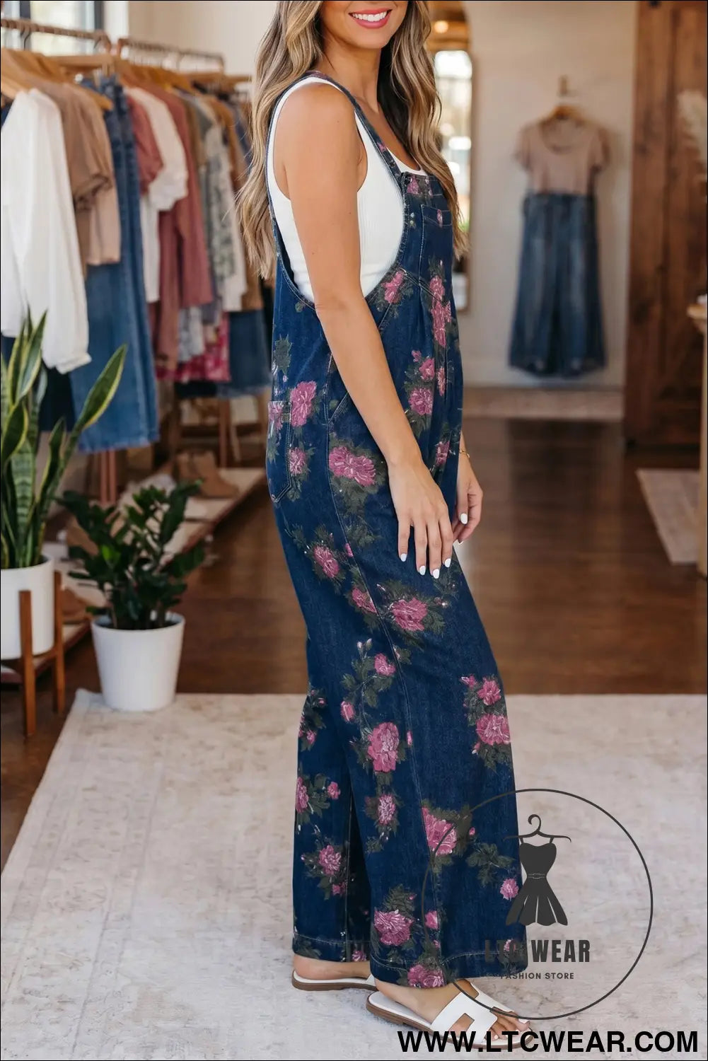 Beau Blue Floral Print Pleated High Waist Wide Leg Denim Jumpsuit - L.T.C Wear Online Fashion Store