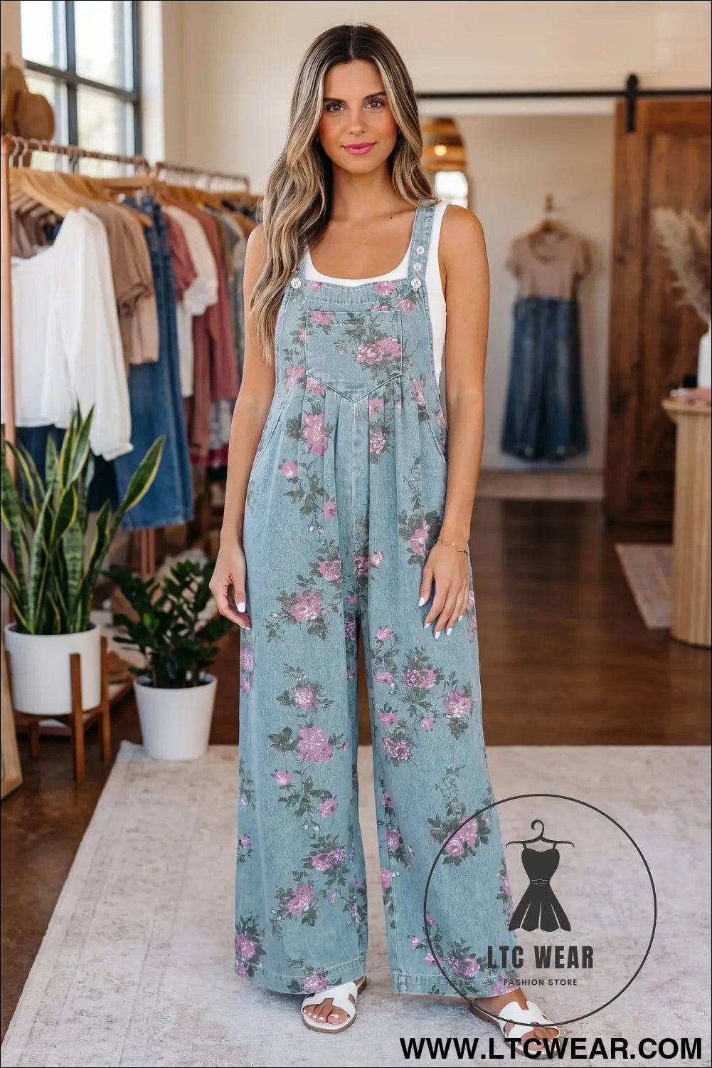 Beau blue floral print pleated high waist wide leg denim jumpsuit - beau blue / l / 50% polyester + 50% cotton