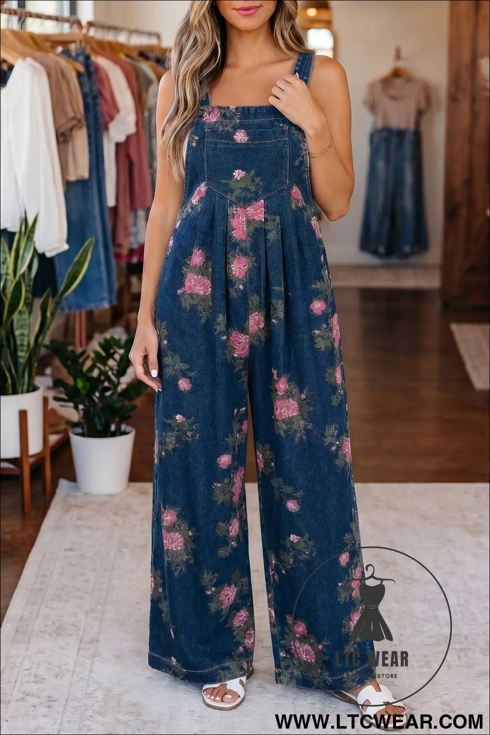 Beau Blue Floral Print Pleated High Waist Wide Leg Denim Jumpsuit - L.T.C Wear Online Fashion Store