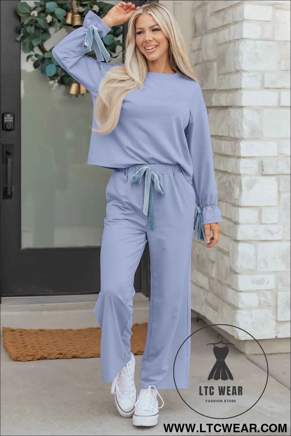 Beau Blue Flounce Long Sleeve Top Drawstring Pants Contrast Velvet Bow Knot 2pcs Lounge Set