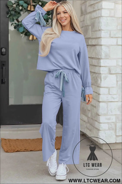 Beau Blue Flounce Long Sleeve Top Drawstring Pants Contrast Velvet Bow Knot 2pcs Lounge Set