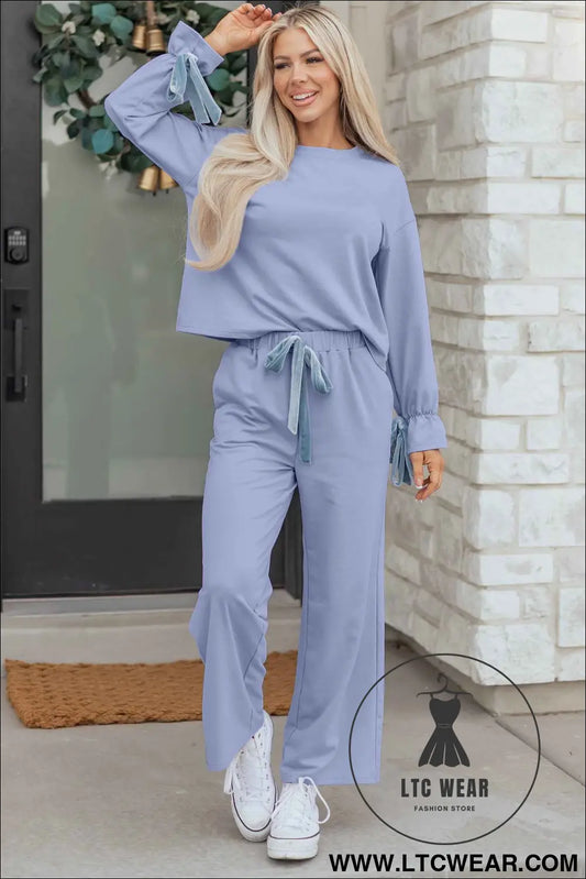 Beau Blue Flounce Long Sleeve Top Drawstring Pants Contrast Velvet Bow Knot 2pcs Lounge Set