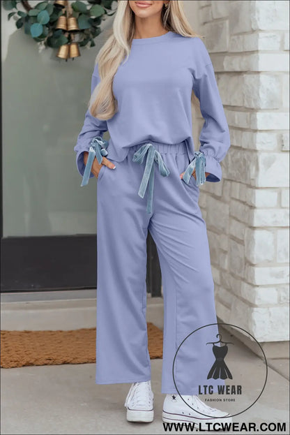 Beau Blue Flounce Long Sleeve Top Drawstring Pants Contrast Velvet Bow Knot 2pcs Lounge Set - L.T.C Wear Online Fashion Store