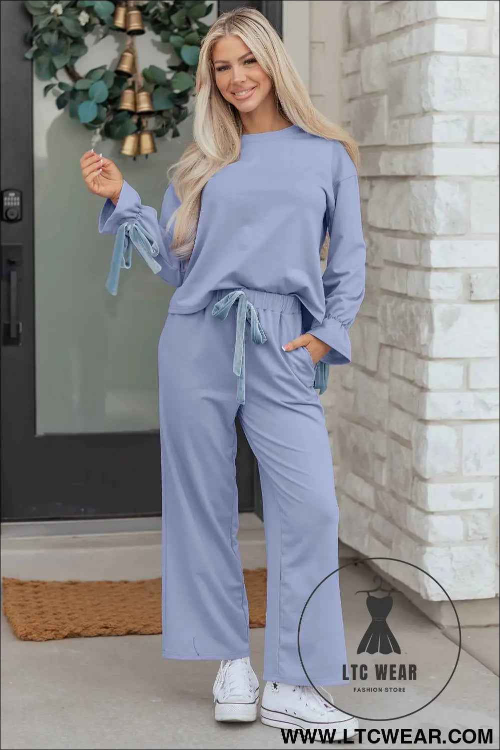 Beau Blue Flounce Long Sleeve Top Drawstring Pants Contrast Velvet Bow Knot 2pcs Lounge Set