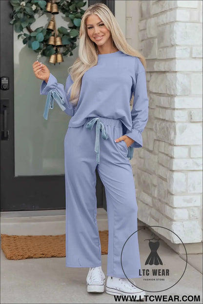 Beau Blue Flounce Long Sleeve Top Drawstring Pants Contrast Velvet Bow Knot 2pcs Lounge Set