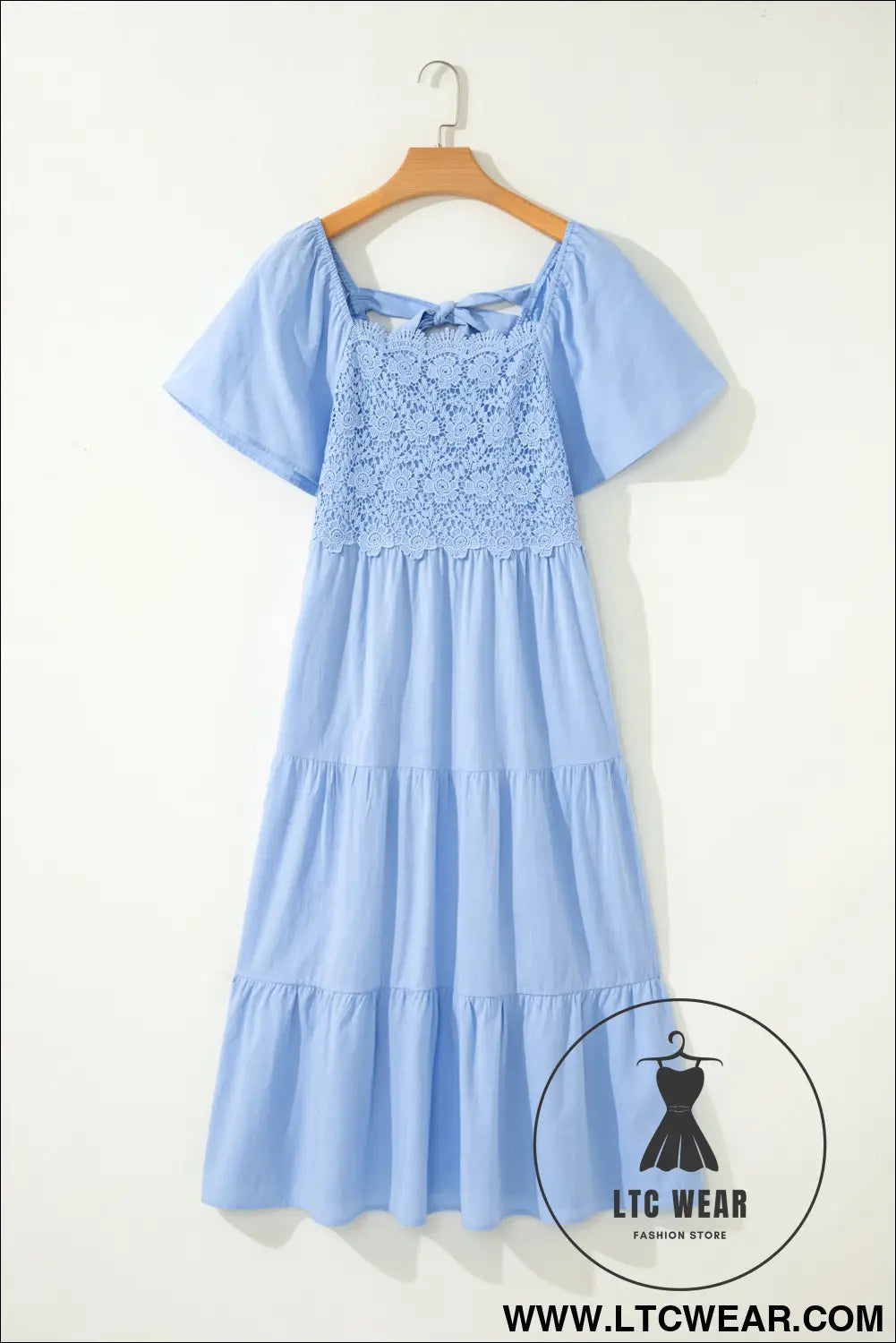 Beau blue flowy short sleeve lace detail square neck tiered midi dress - midi dresses