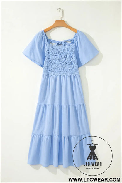 Beau blue flowy short sleeve lace detail square neck tiered midi dress - midi dresses