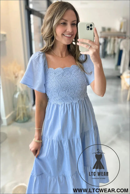 Beau blue flowy short sleeve lace detail square neck tiered midi dress - midi dresses