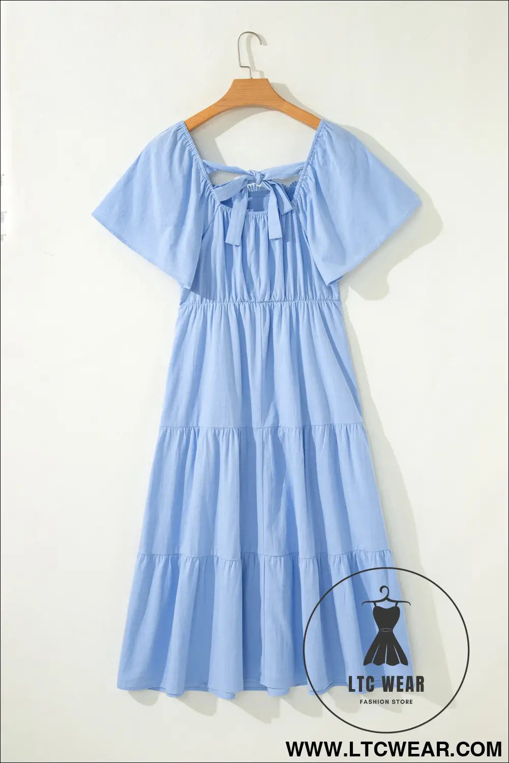 Beau blue flowy short sleeve lace detail square neck tiered midi dress - midi dresses