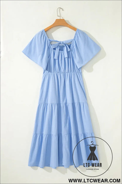 Beau blue flowy short sleeve lace detail square neck tiered midi dress - midi dresses