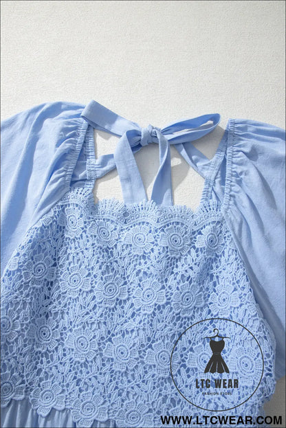 Beau blue flowy short sleeve lace detail square neck tiered midi dress - midi dresses