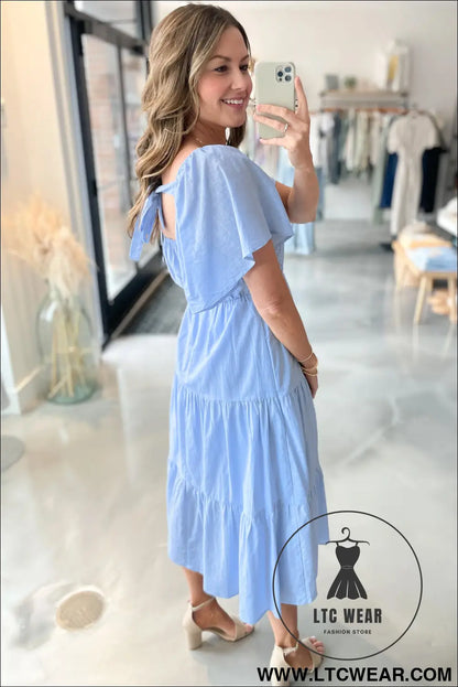 Beau blue flowy short sleeve lace detail square neck tiered midi dress - midi dresses