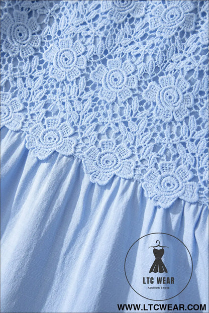 Beau blue flowy short sleeve lace detail square neck tiered midi dress - midi dresses