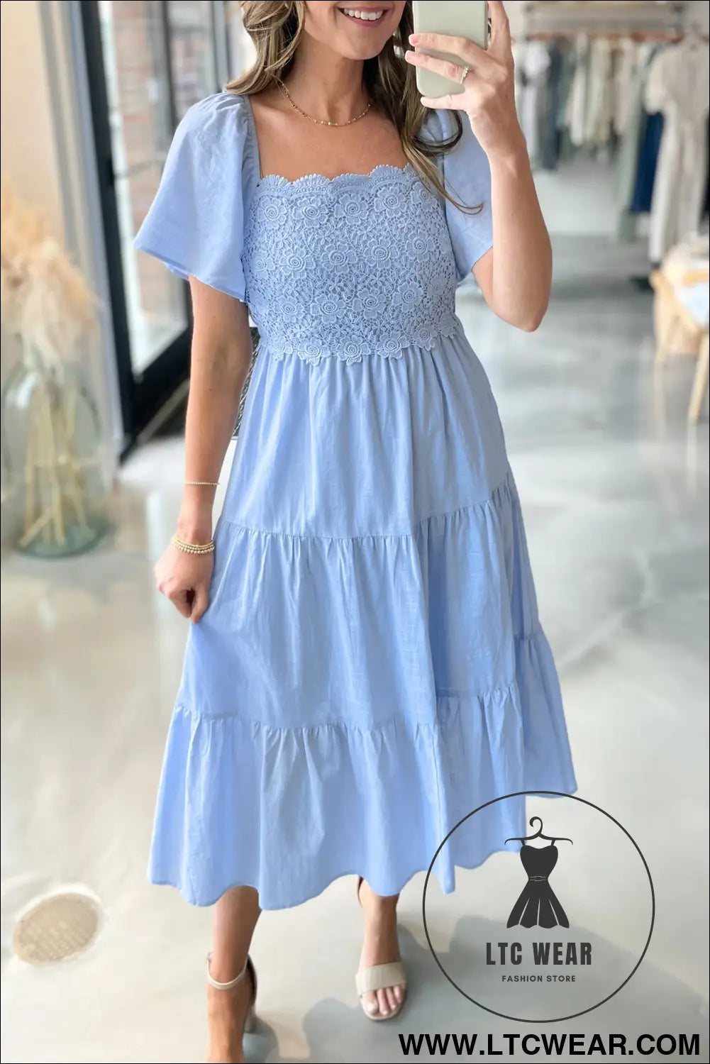 Beau blue flowy short sleeve lace detail square neck tiered midi dress - beau blue / l / 55% cotton + 45% viscose