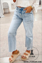 Beau blue frayed cropped straight jeans - beau blue / 10 / 65% cotton + 33% polyester + 2% elastane - jeans