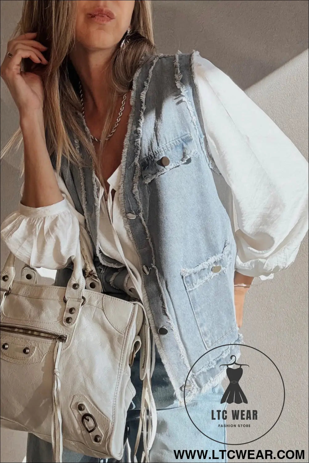 Beau blue frayed edge flap pockets denim vest jacket - jackets