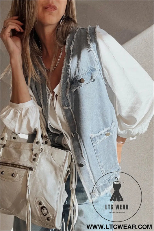 Beau blue frayed edge flap pockets denim vest jacket - jackets