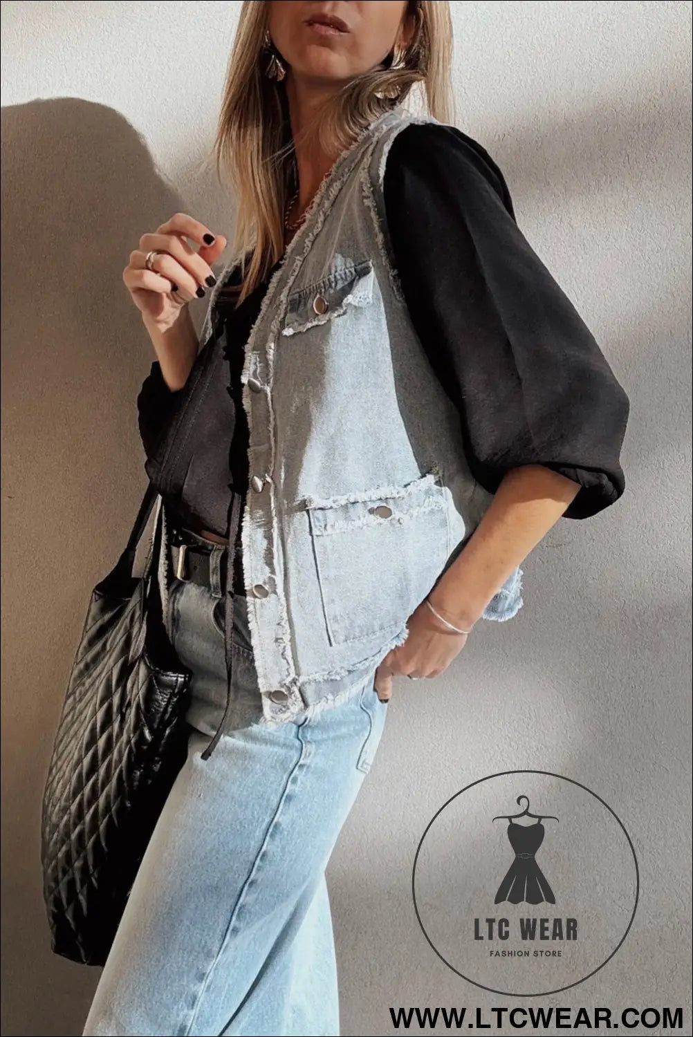 Beau blue frayed edge flap pockets denim vest jacket - jackets