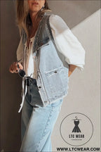 Beau blue frayed edge flap pockets denim vest jacket - jackets