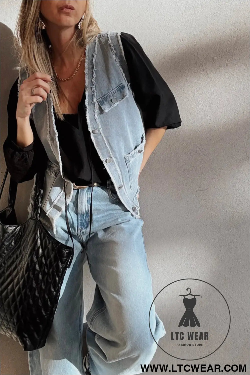Beau blue frayed edge flap pockets denim vest jacket - jackets