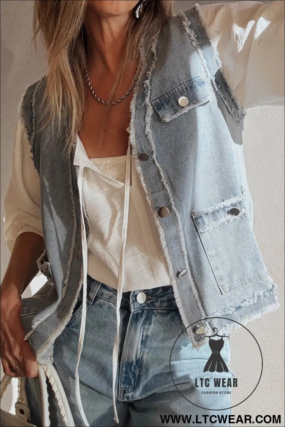 Beau blue frayed edge flap pockets denim vest jacket - beau blue / l / 75% cotton + 25% polyester - jackets