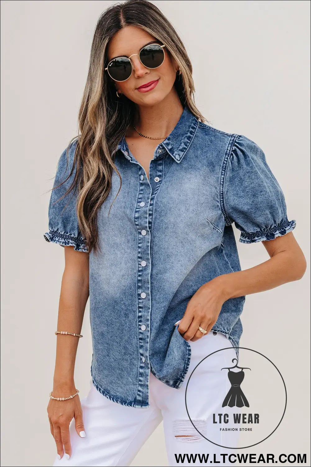 Beau Blue Frilled Short Sleeve Snap Button Denim Shirt - L.T.C Wear Online Fashion Store