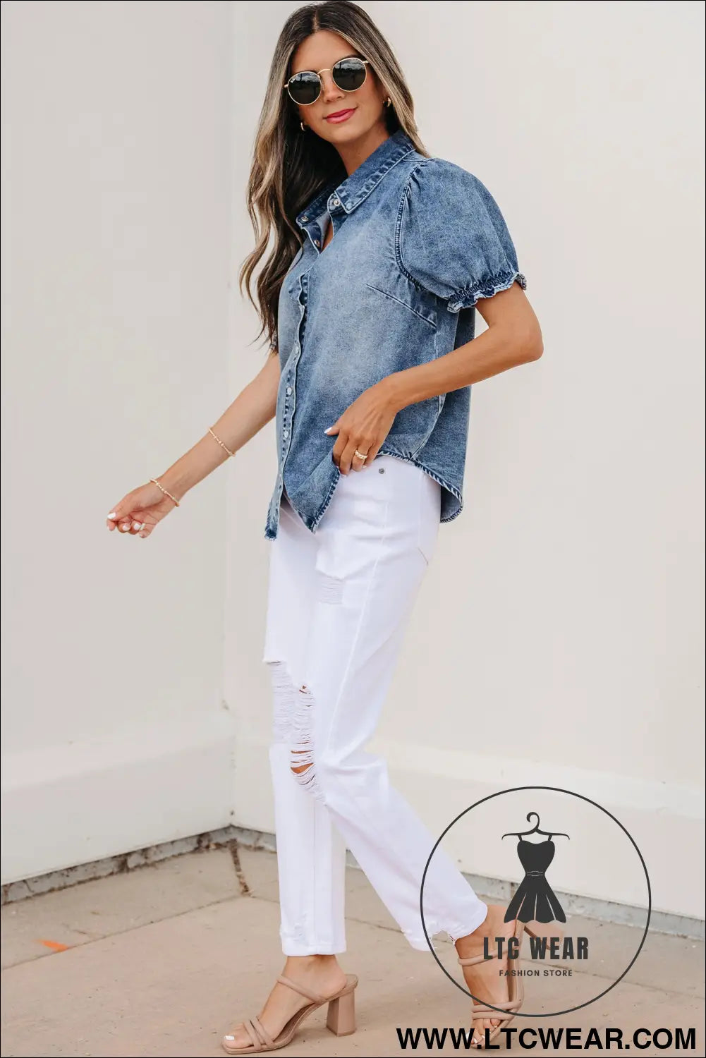 Beau Blue Frilled Short Sleeve Snap Button Denim Shirt - L.T.C Wear Online Fashion Store