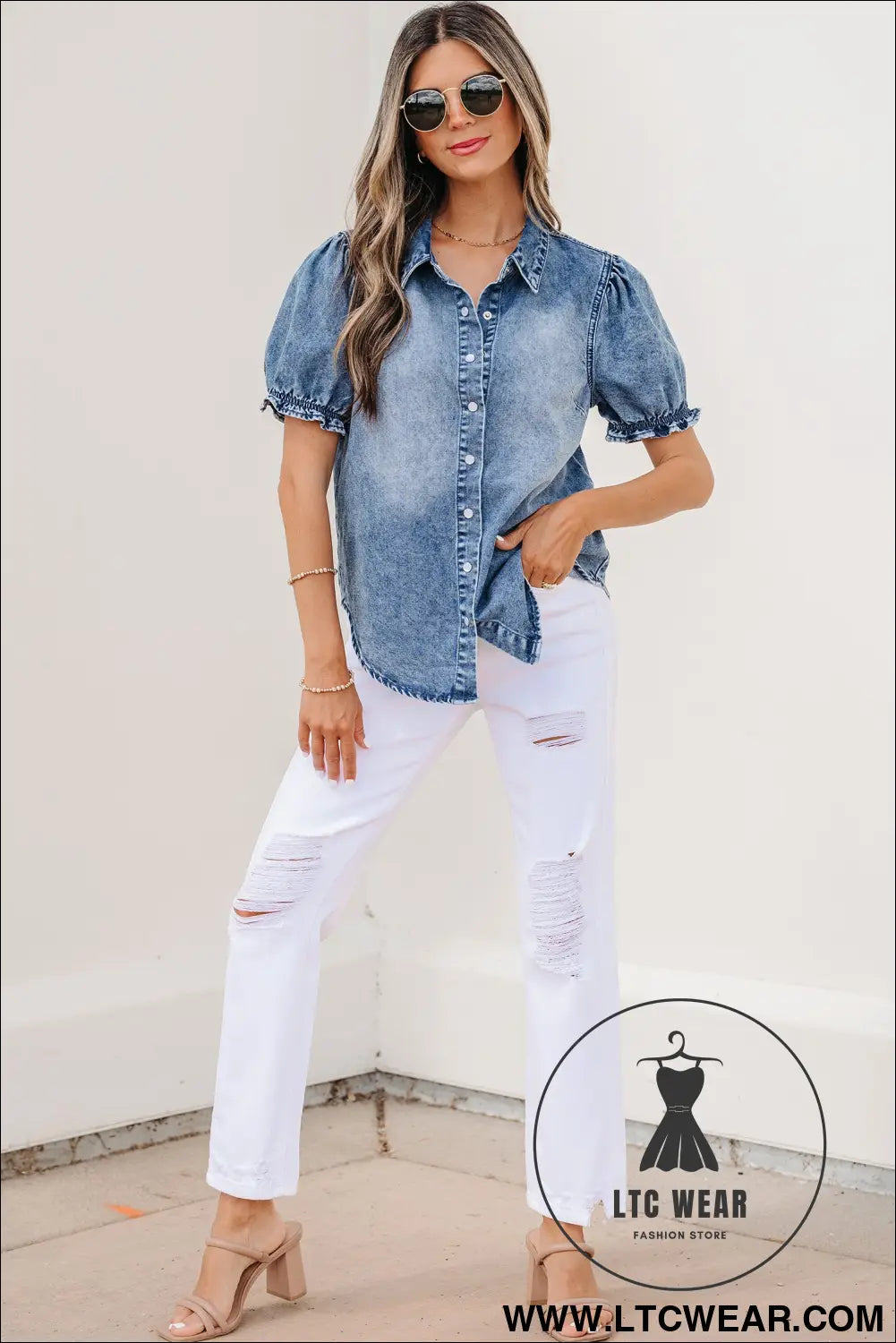Beau Blue Frilled Short Sleeve Snap Button Denim Shirt - L.T.C Wear Online Fashion Store
