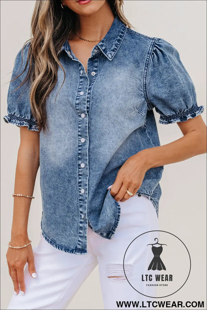 Beau Blue Frilled Short Sleeve Snap Button Denim Shirt - L.T.C Wear Online Fashion Store