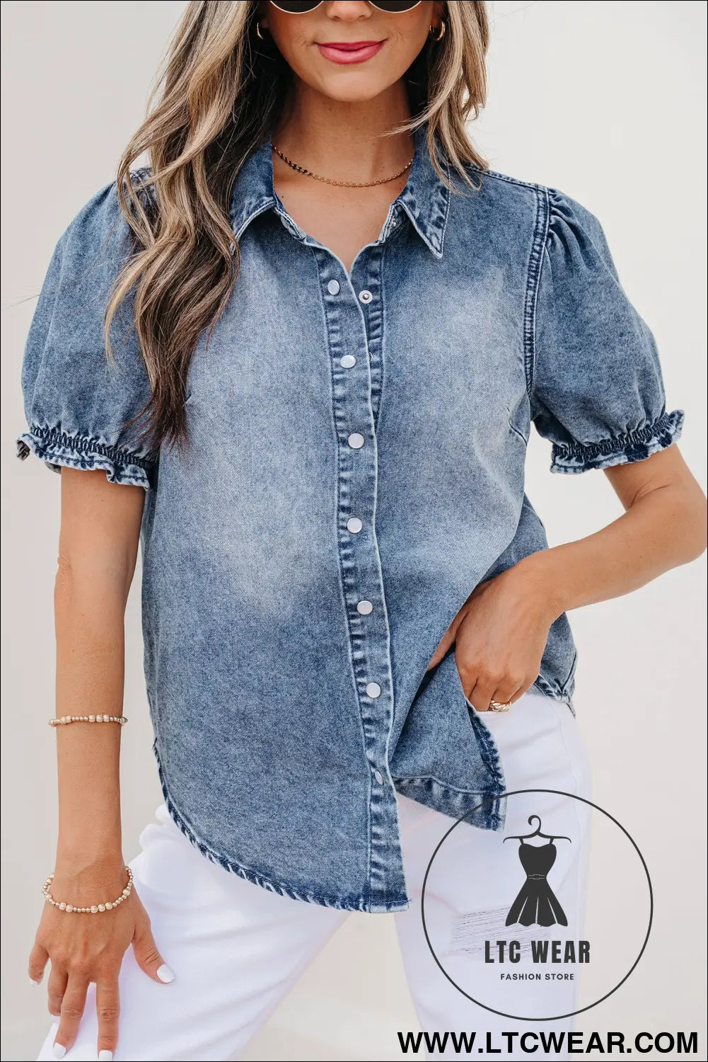 Beau Blue Frilled Short Sleeve Snap Button Denim Shirt - L.T.C Wear Online Fashion Store