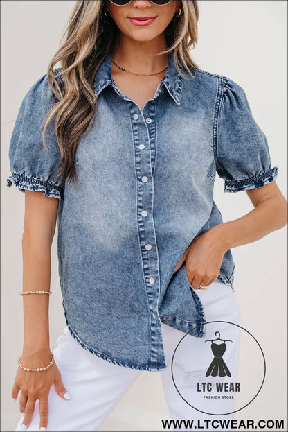 Beau Blue Frilled Short Sleeve Snap Button Denim Shirt - L.T.C Wear Online Fashion Store