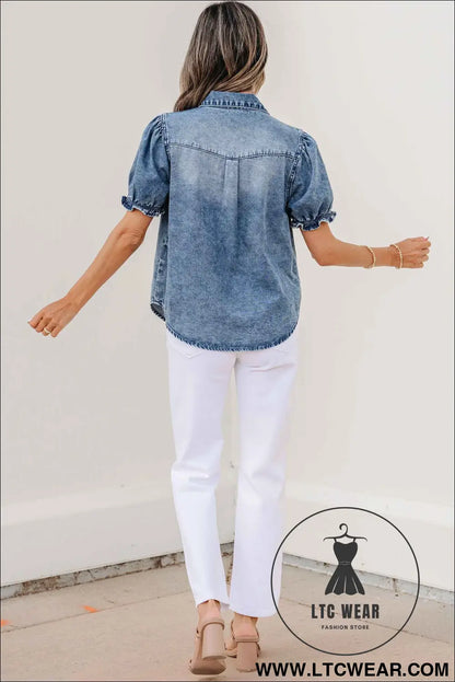 Beau Blue Frilled Short Sleeve Snap Button Denim Shirt