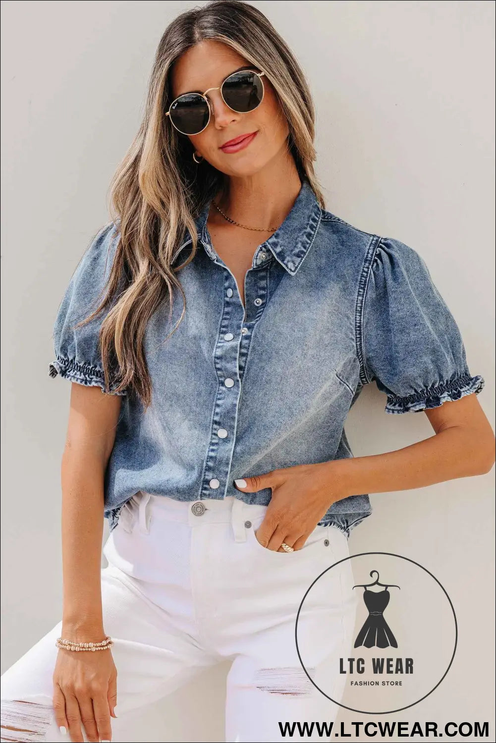 Beau Blue Frilled Short Sleeve Snap Button Denim Shirt