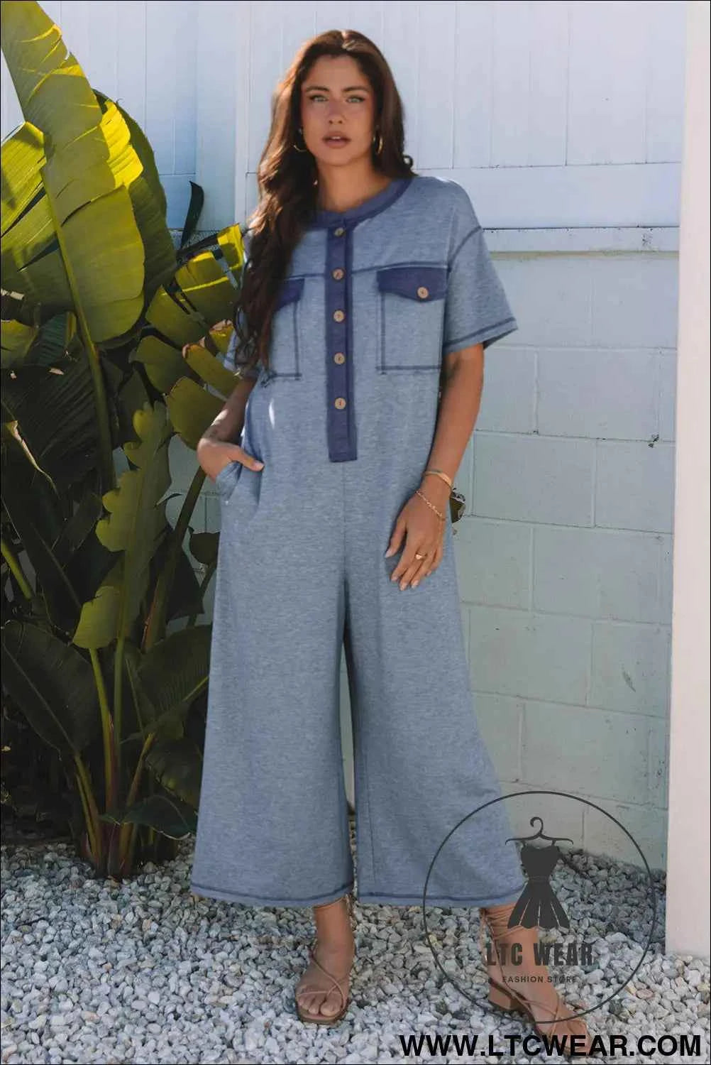 Beau Blue Half Placket Chest Pockets Short Sleeve Wide Leg Jumpsuit