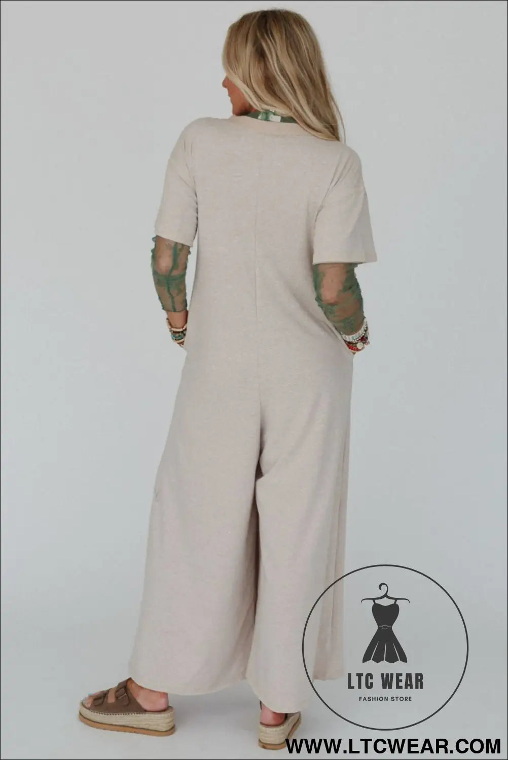 Beau Blue Half Placket Chest Pockets Short Sleeve Wide Leg Jumpsuit - L.T.C Wear Online Fashion Store